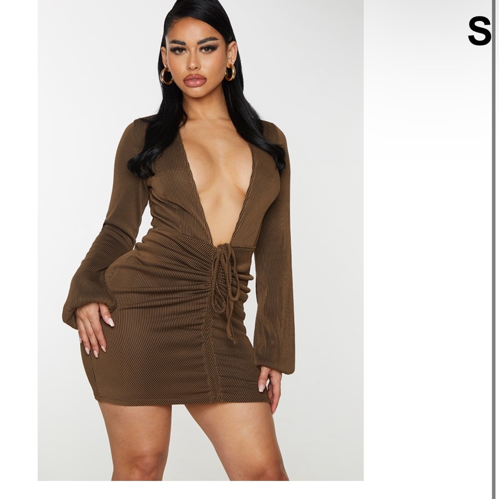 Shape Chocolate Brown Rib Plunge Ruched Detail Bodycon Dress